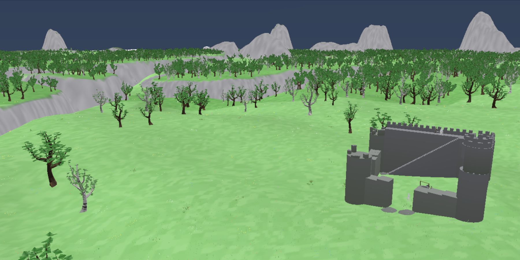 A low-poly meadow with scattered trees, a grey stone keep in the distance and pale mountains under a night-blue sky