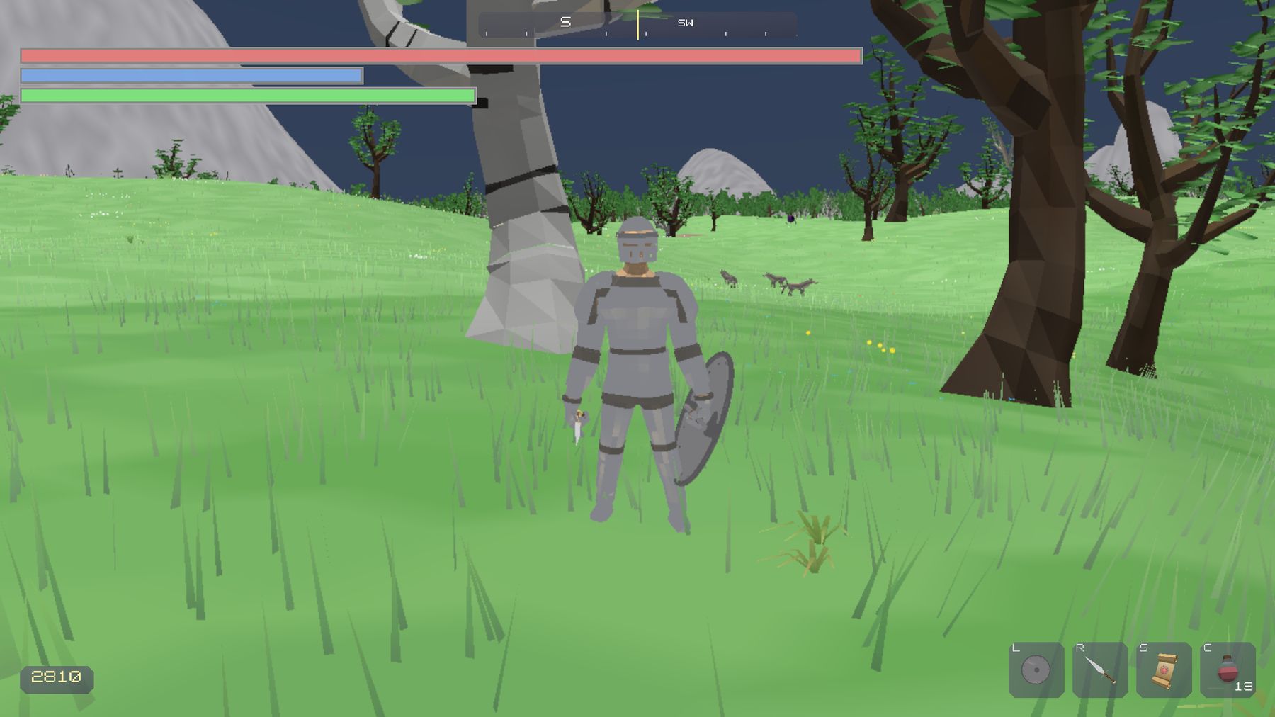 An armoured knight with a round shield and short sword standing in tall grass, wolves in the distance