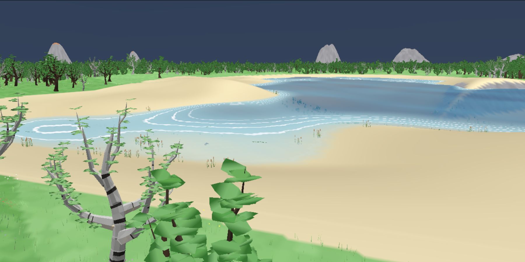 A pale blue lake with concentric ripples, sandy shore, reeds and birches